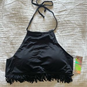 Black High Neck Bikini Top with Fringe.